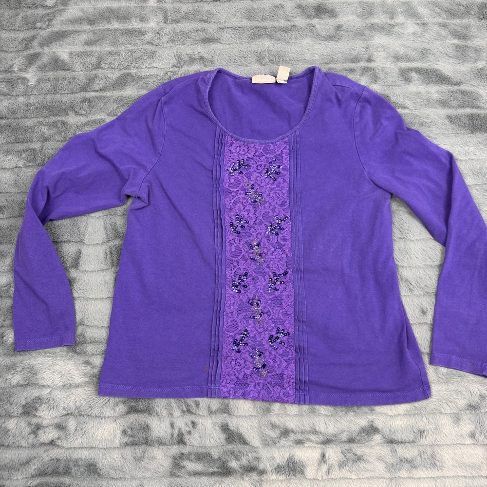 Chicos Purple Lace Sequin Pintuck Long Sleeve Top Size 1 Medium